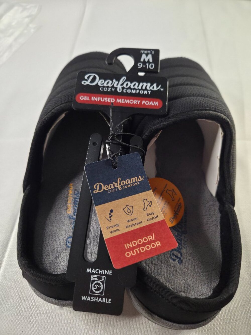 NWT Dearfoams Men’s Black Gel Infused Memory Foam Slide Slippers M 9-10